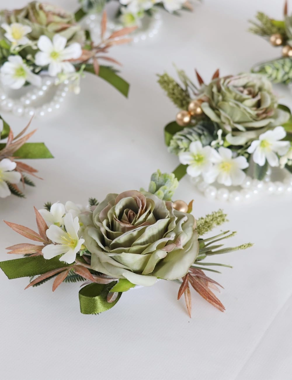 Wedding Wrist Corsage, 5 x 3.5 inches, Artificial Green Roses with Pearl Band, Set of 6