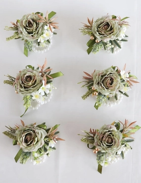 Wedding Wrist Corsage, 5 x 3.5 inches, Artificial Green Roses with Pearl Band, Set of 6