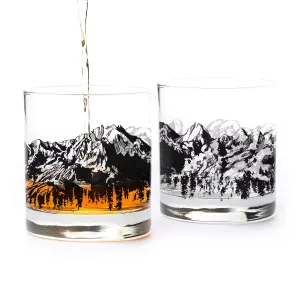 Whiskey Glasses with Hand-Printed Mountain Range - Set of 2 Rock Glasses with Dishwasher-Safe Print - 11oz. Rock Glasses