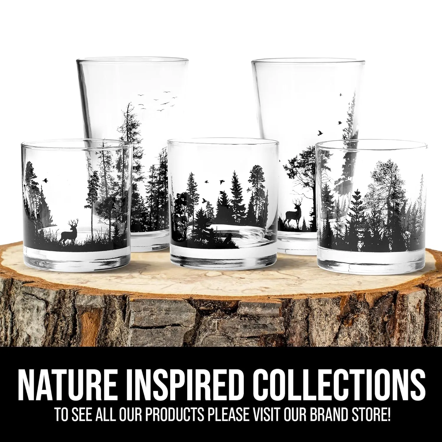 Whiskey Glasses with Hand-Printed Mountain Range - Set of 2 Rock Glasses with Dishwasher-Safe Print - 11oz. Rock Glasses