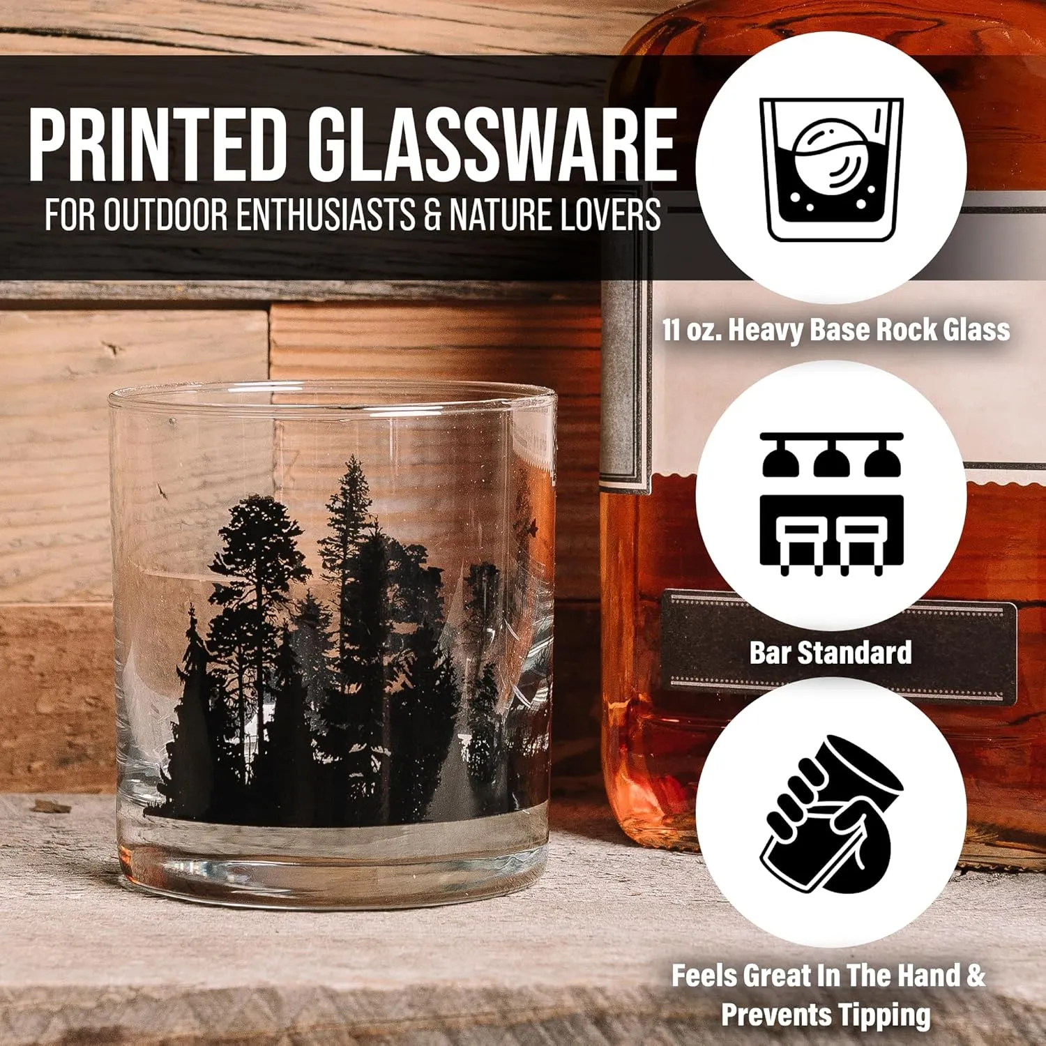 Whiskey Glasses with Hand-Printed Mountain Range - Set of 2 Rock Glasses with Dishwasher-Safe Print - 11oz. Rock Glasses