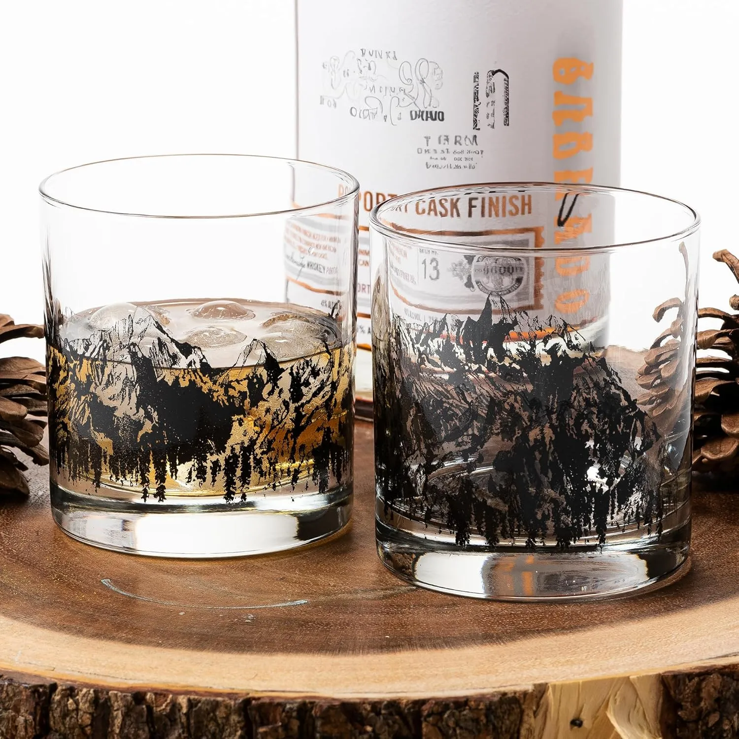 Whiskey Glasses with Hand-Printed Mountain Range - Set of 2 Rock Glasses with Dishwasher-Safe Print - 11oz. Rock Glasses