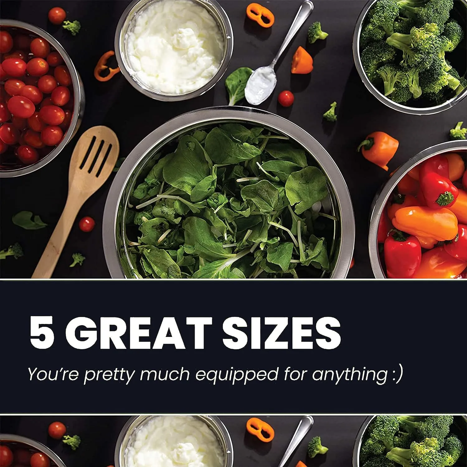WHYSKO Stainless Steel Mixing Bowl Set, 10 Piece Stainless Steel Mixing Bowls with Lids Set for Food Prep Storage and Serving, Dishwasher Safe Microwave Safe for Kitchen Baking Cooking, Black