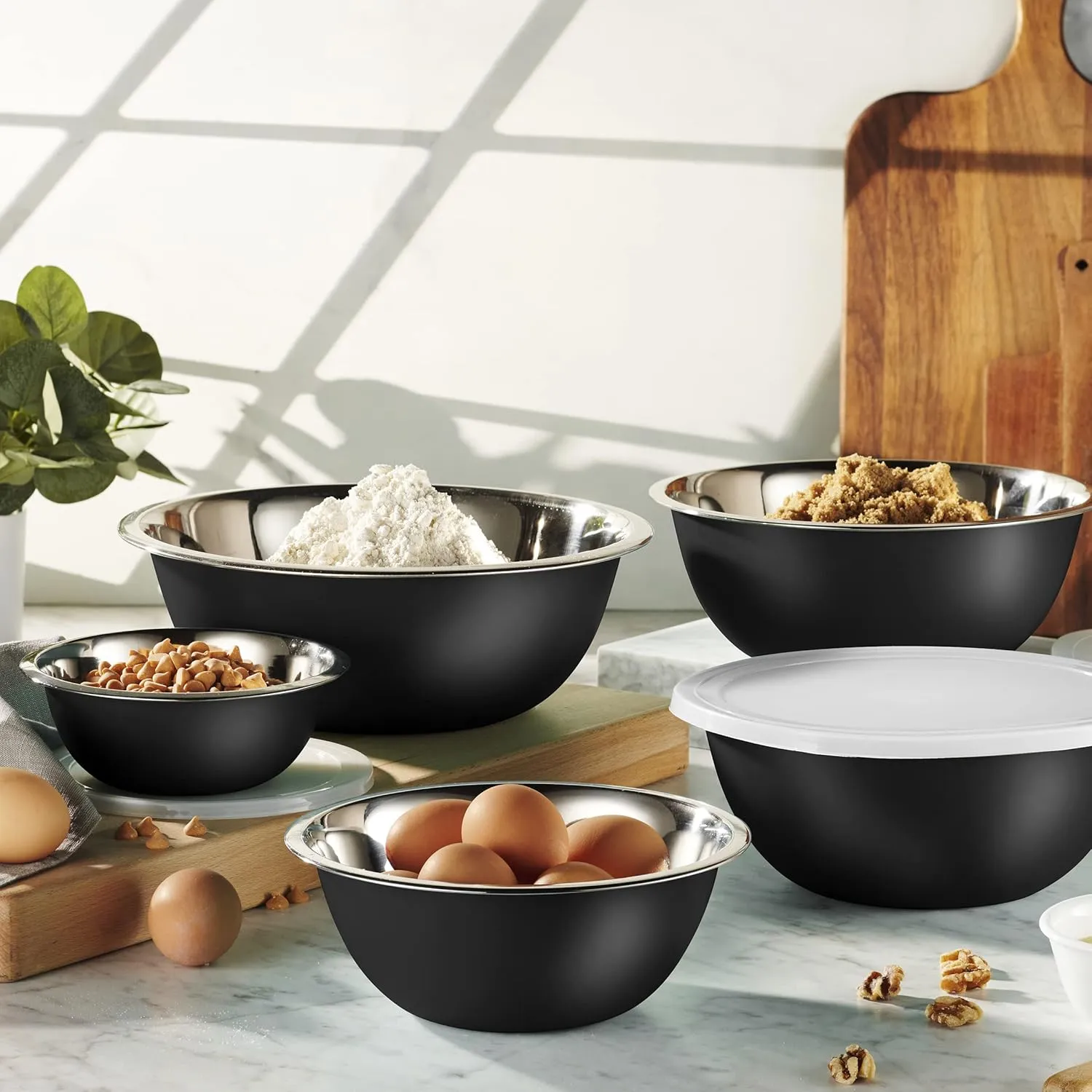 WHYSKO Stainless Steel Mixing Bowl Set, 10 Piece Stainless Steel Mixing Bowls with Lids Set for Food Prep Storage and Serving, Dishwasher Safe Microwave Safe for Kitchen Baking Cooking, Black
