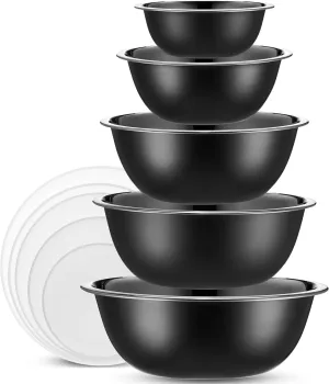 WHYSKO Stainless Steel Mixing Bowl Set, 10 Piece Stainless Steel Mixing Bowls with Lids Set for Food Prep Storage and Serving, Dishwasher Safe Microwave Safe for Kitchen Baking Cooking, Black