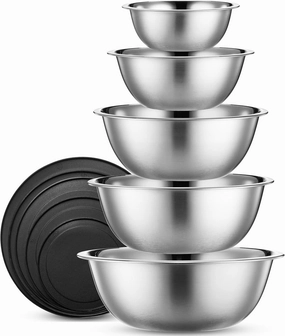 WHYSKO Stainless Steel Mixing Bowl Set, 10 Piece Stainless Steel Mixing Bowls with Lids Set for Food Prep Storage and Serving, Dishwasher Safe Microwave Safe for Kitchen Baking Cooking, Silver