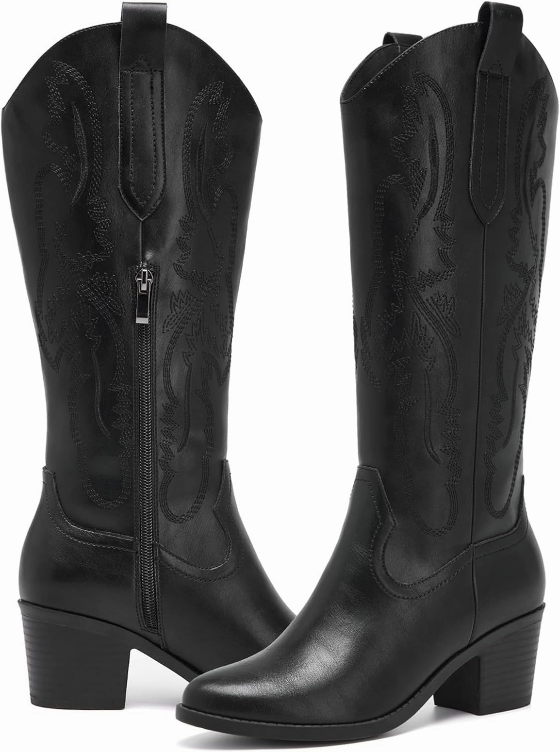 Women's Cowboy Boots Knee High with Side Zipper Wide Calf Cowgirl Boots Comfortable Western Classic Embroidered Pointy Toe Fashion Retro Classic Pull On Tall Boot Fall Winter
