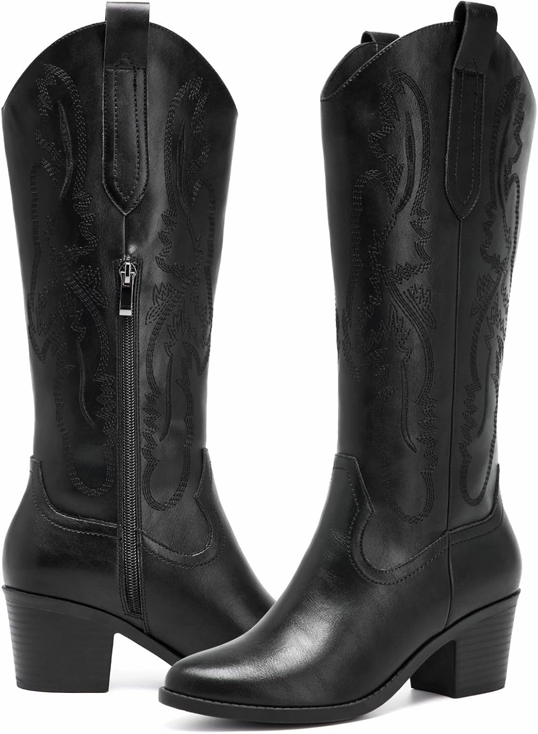 Women's Cowboy Boots Knee High with Side Zipper Wide Calf Cowgirl Boots Comfortable Western Classic Embroidered Pointy Toe Fashion Retro Classic Pull On Tall Boot Fall Winter