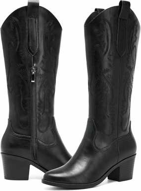 Women's Cowboy Boots Knee High with Side Zipper Wide Calf Cowgirl Boots Comfortable Western Classic Embroidered Pointy Toe Fashion Retro Classic Pull On Tall Boot Fall Winter