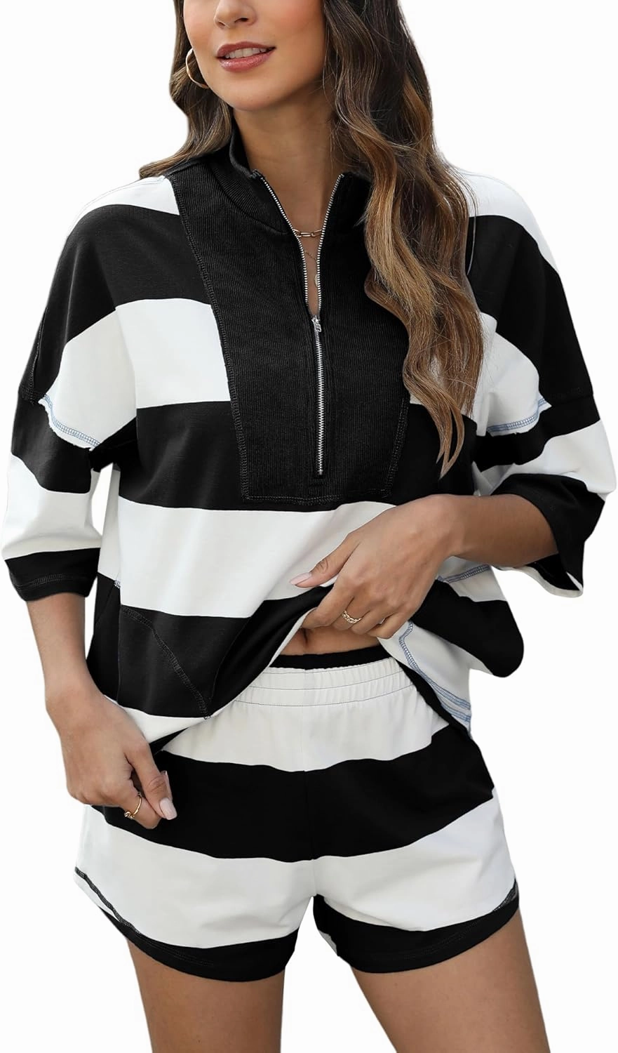 Women's Striped 2 Piece Outfits Oversized Lounge Set Summer Workout Sets Top and Shorts with Pockets