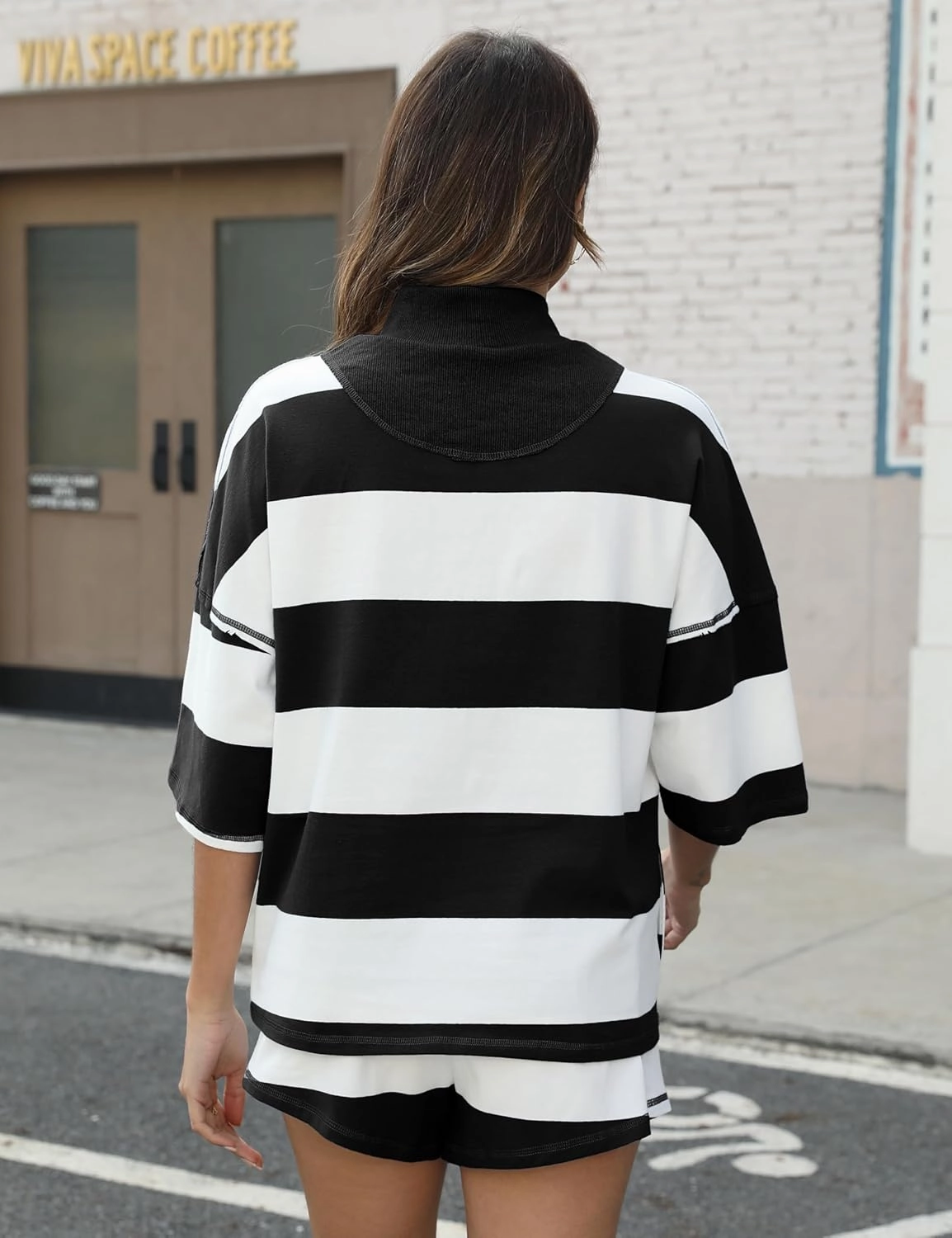 Women's Striped 2 Piece Outfits Oversized Lounge Set Summer Workout Sets Top and Shorts with Pockets