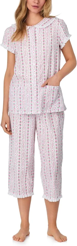 Women's Cotton Capri Pajama Set, Short Sleeve Button-Front Top & Cropped Pants, Soft & Lightweight Sleepwear