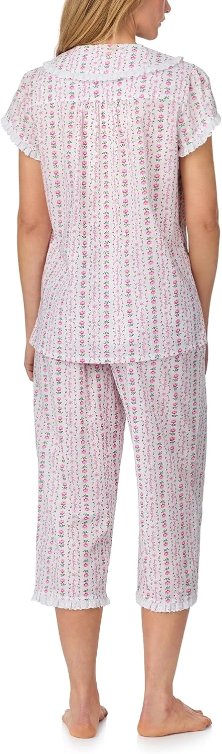 Women's Cotton Capri Pajama Set, Short Sleeve Button-Front Top & Cropped Pants, Soft & Lightweight Sleepwear