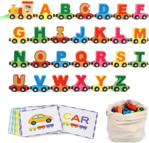 Wondertoys Wooden Alphabet Train Toy 27 PCS Magnetic Alphabet ABC Letter Train Set Includes 42 PCS Flash Cards, 1 Engine and 1 Storage Bag for Toddlers Kids Boys and Girls