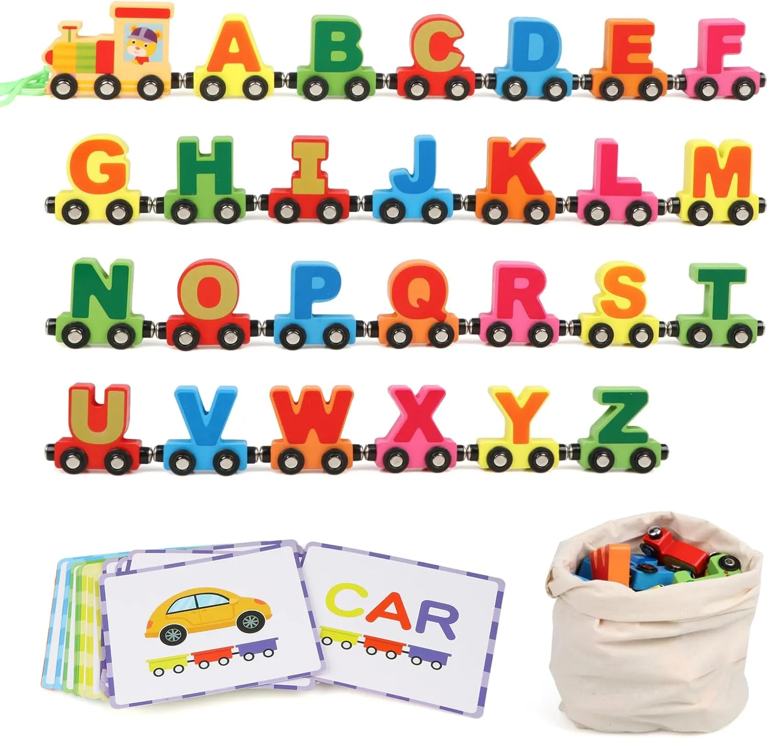 Wondertoys Wooden Alphabet Train Toy 27 PCS Magnetic Alphabet ABC Letter Train Set Includes 42 PCS Flash Cards, 1 Engine and 1 Storage Bag for Toddlers Kids Boys and Girls