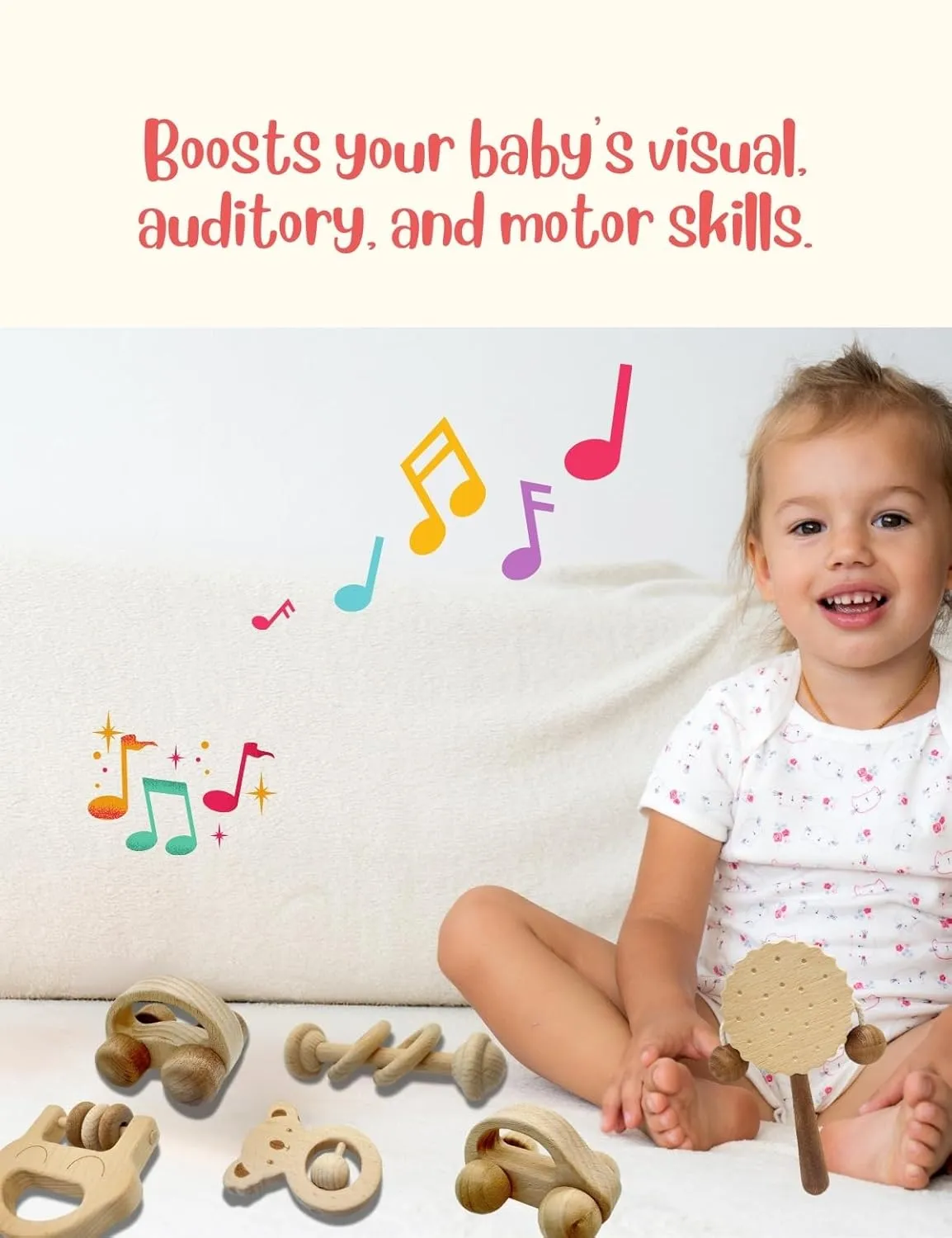 Wooden Baby Toys Set – Koala Rattle, Taxi Car & Spin Drum | Safe, Organic, Ideal Kids' Gift | Montessori Wooden Toy Bundle
