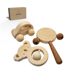 Wooden Baby Toys Set – Koala Rattle, Taxi Car & Spin Drum | Safe, Organic, Ideal Kids' Gift | Montessori Wooden Toy Bundle