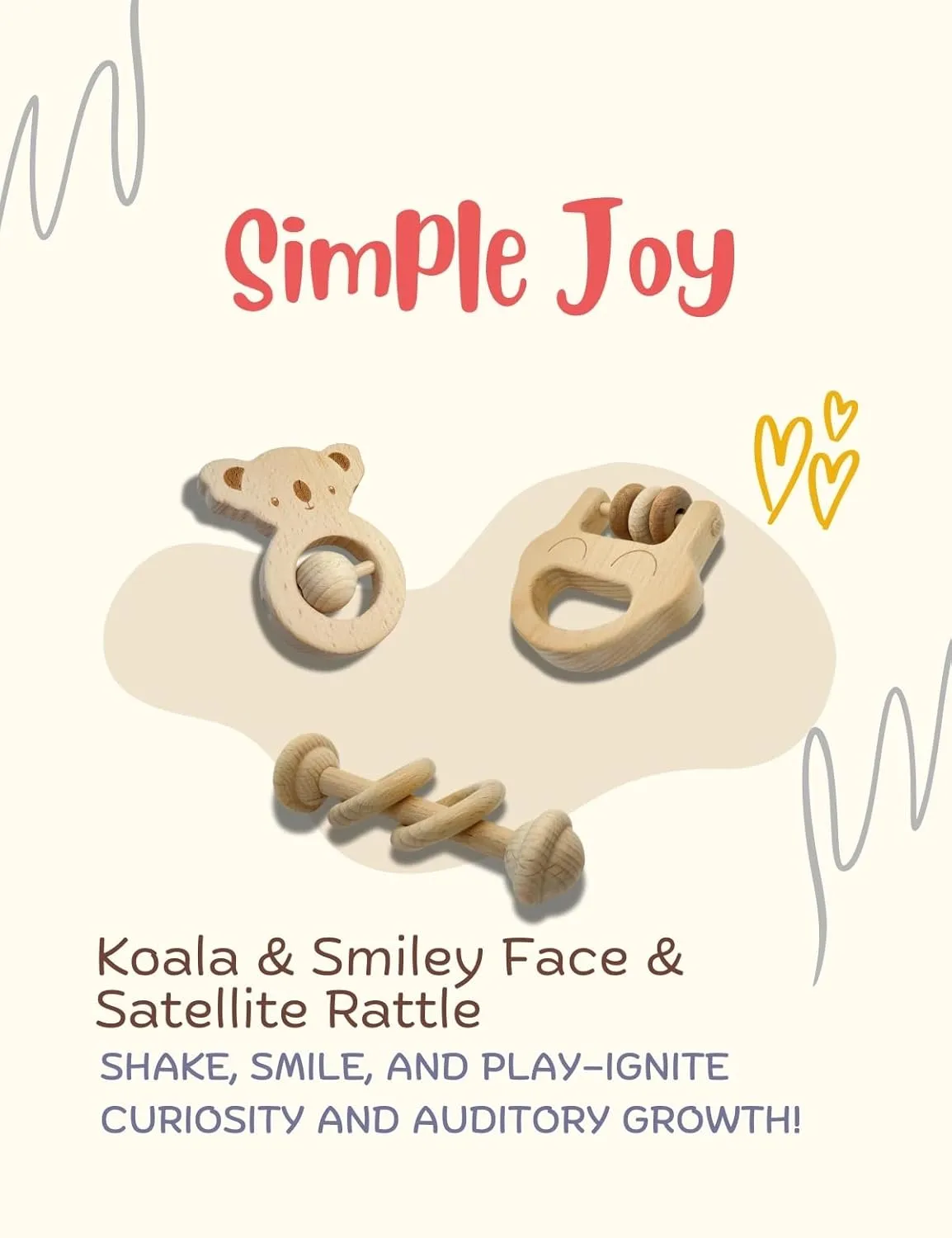 Wooden Baby Toys Set – Koala Rattle, Taxi Car & Spin Drum | Safe, Organic, Ideal Kids' Gift | Montessori Wooden Toy Bundle