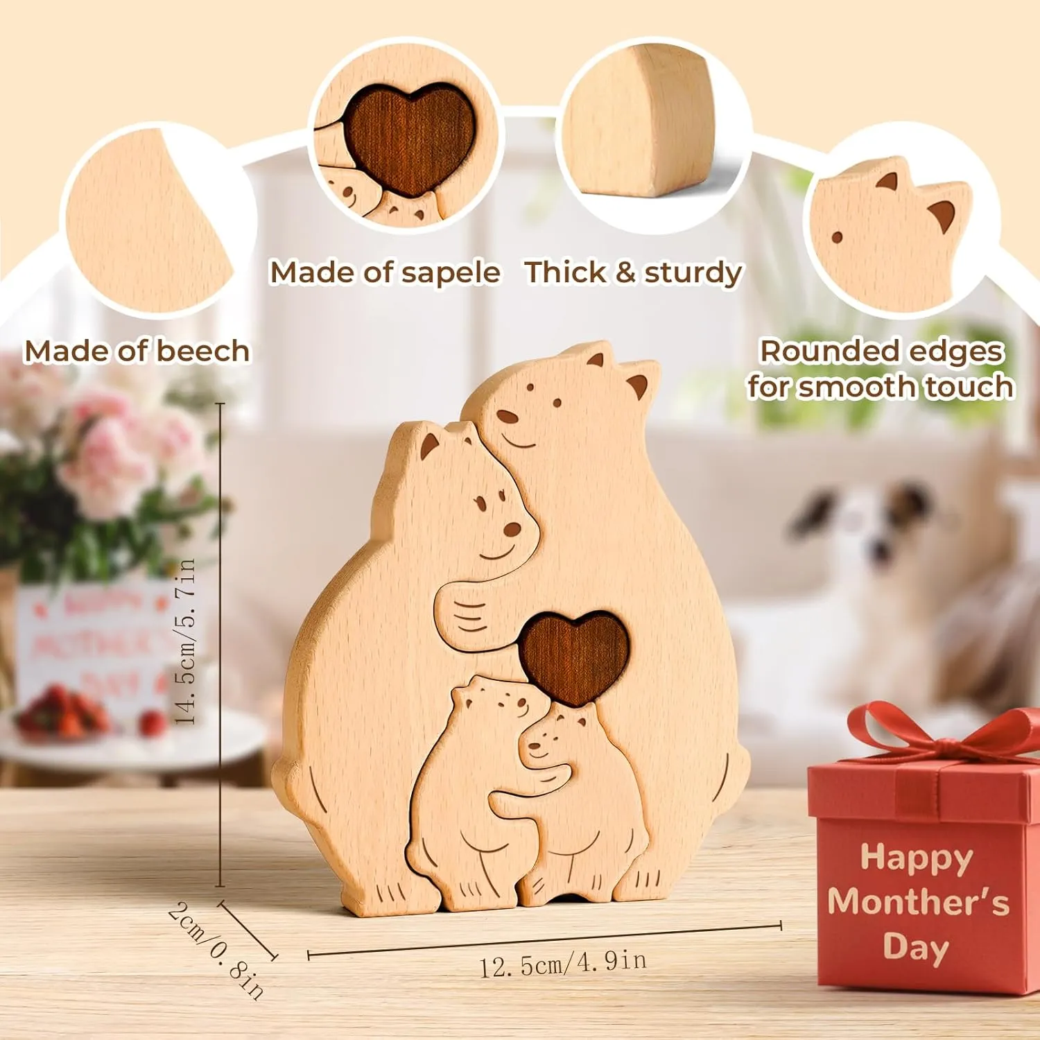 Wooden Bear Family Puzzle, Personalized Wooden Puzzle Customized 3 Name Puzzle for Home Crafts Decor, House Warming Birthday Family Party Gifts for Mother's Day New Baby
