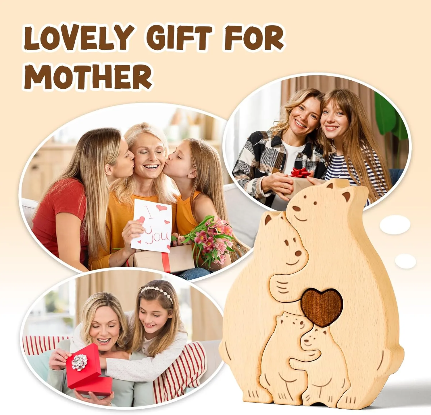 Wooden Bear Family Puzzle, Personalized Wooden Puzzle Customized 3 Name Puzzle for Home Crafts Decor, House Warming Birthday Family Party Gifts for Mother's Day New Baby