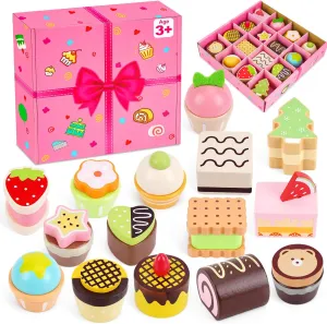 Wooden Cake Play Food Set for Kids Kitchen, Kids Desserts Set Fake Food with Cupcake, Cake & Roll, Baking Sets for Tea Party & Birthday Gift, Pretend Play Toys Gifts for 3 4 5 Years Old Girls Boys