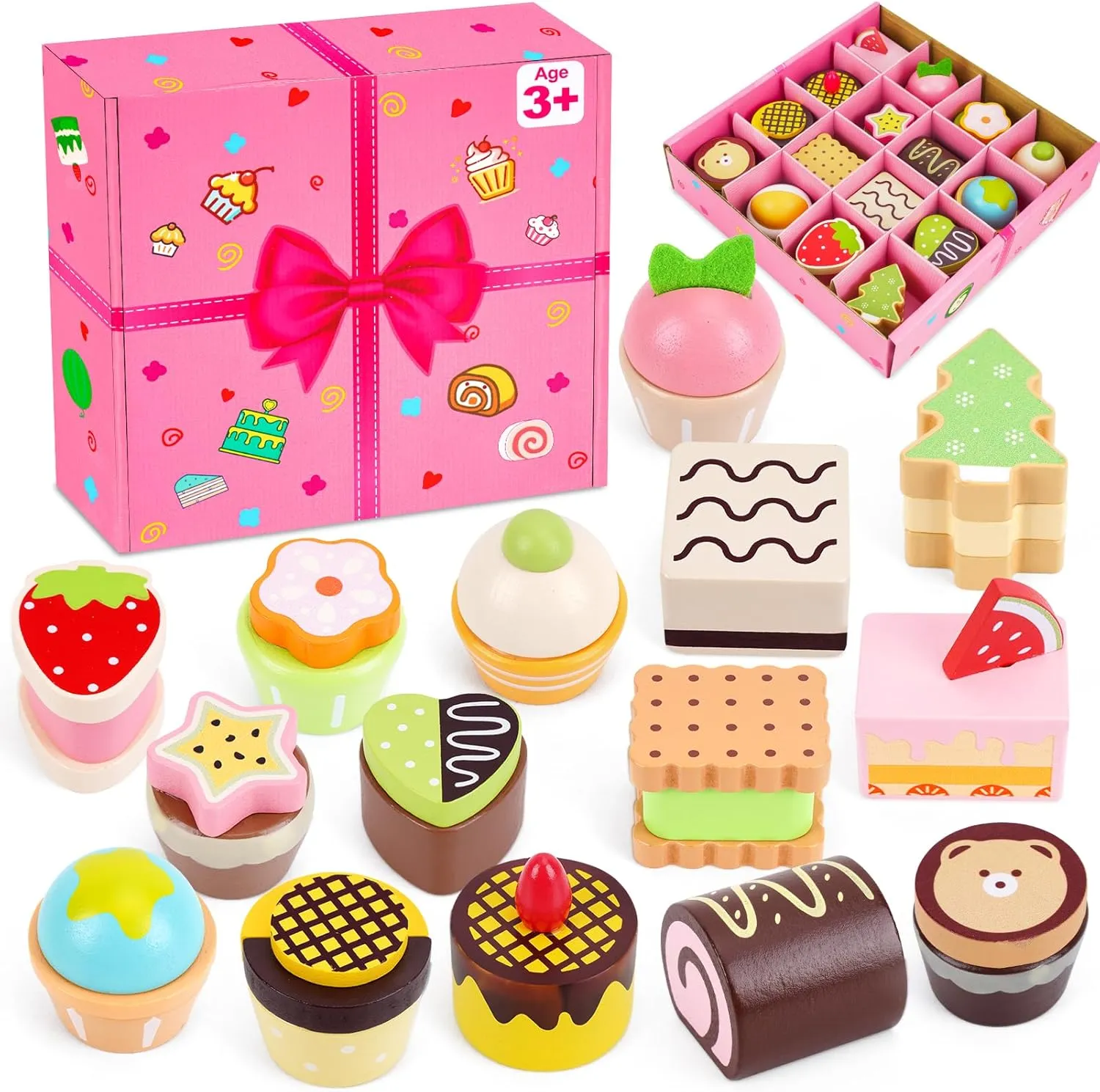 Wooden Cake Play Food Set for Kids Kitchen, Kids Desserts Set Fake Food with Cupcake, Cake & Roll, Baking Sets for Tea Party & Birthday Gift, Pretend Play Toys Gifts for 3 4 5 Years Old Girls Boys