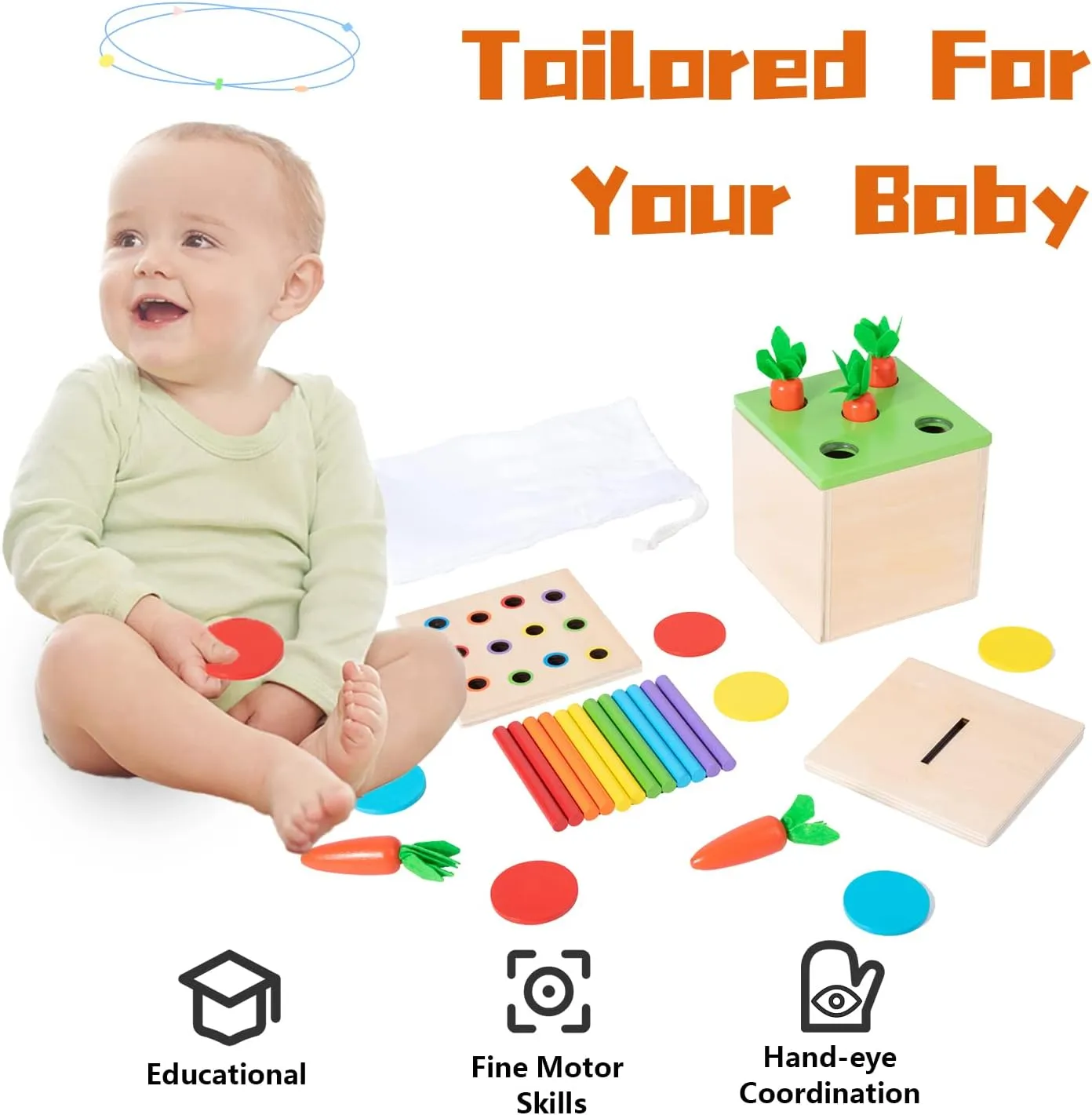 Wooden Montessori Toys for 1 2 3 Year Old Baby Gifts,Play Kit Box Includes Carrot Harvest Games, Montessori Coin Box for 6-12 Months and Fine Motor Skills Toys for 1 Year Old (3-in-1)