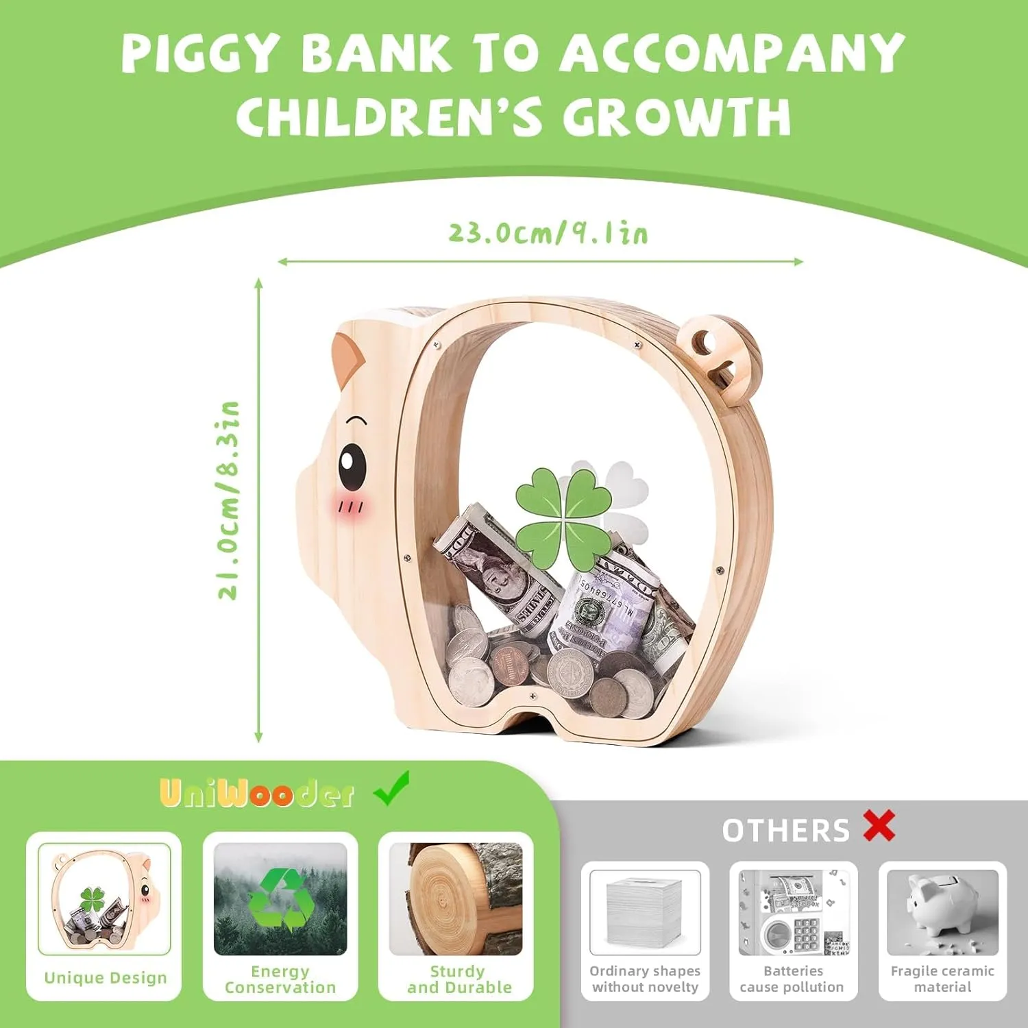 Wooden Pig Piggy Banks for Kids, Unbreakable Coin Bank for Kids with Letter Sticker, Wooden Cashbox Money Jar Personalizable Birthday Gift, Educatinal Toy for Boys, Girls