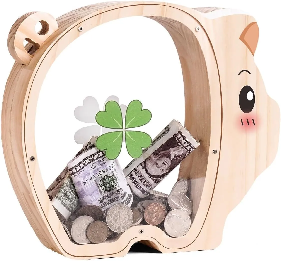 Wooden Pig Piggy Banks for Kids, Unbreakable Coin Bank for Kids with Letter Sticker, Wooden Cashbox Money Jar Personalizable Birthday Gift, Educatinal Toy for Boys, Girls