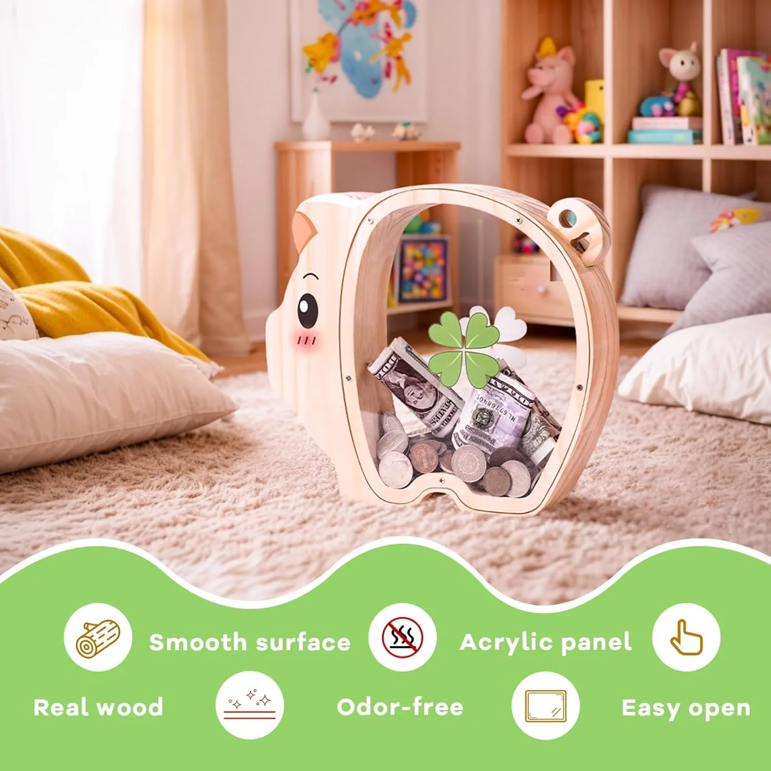 Wooden Pig Piggy Banks for Kids, Unbreakable Coin Bank for Kids with Letter Sticker, Wooden Cashbox Money Jar Personalizable Birthday Gift, Educatinal Toy for Boys, Girls