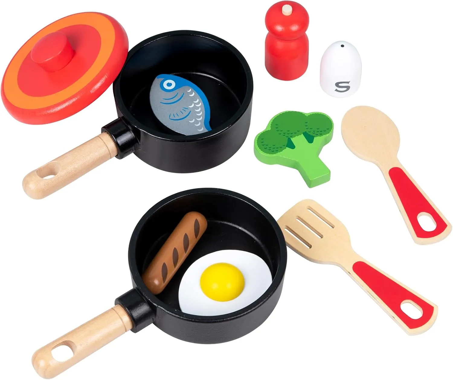 Wooden Play Kitchen Accessories for Toddlers, Kids Pretend Play Pots and Pans Food Cooking Toy, 11 Pieces Montessori Kitchen Tools Gifts for Boys Girls Ages 3 4 5 6 Years Old