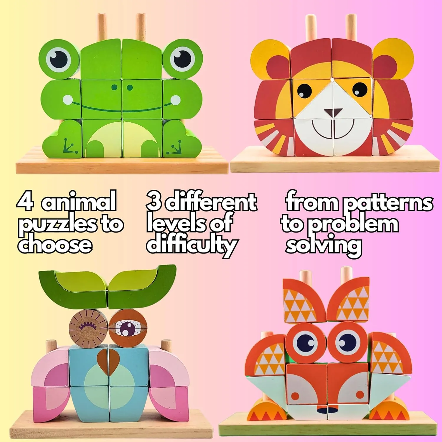 Wooden Puzzle for Kids Montessori Building Blocks - Learning Educational Preschool Toys, 3D Animal Stacking Puzzles for Toddlers 3,4, 5, 6 Year Old Boys & Girls (Owl Light)