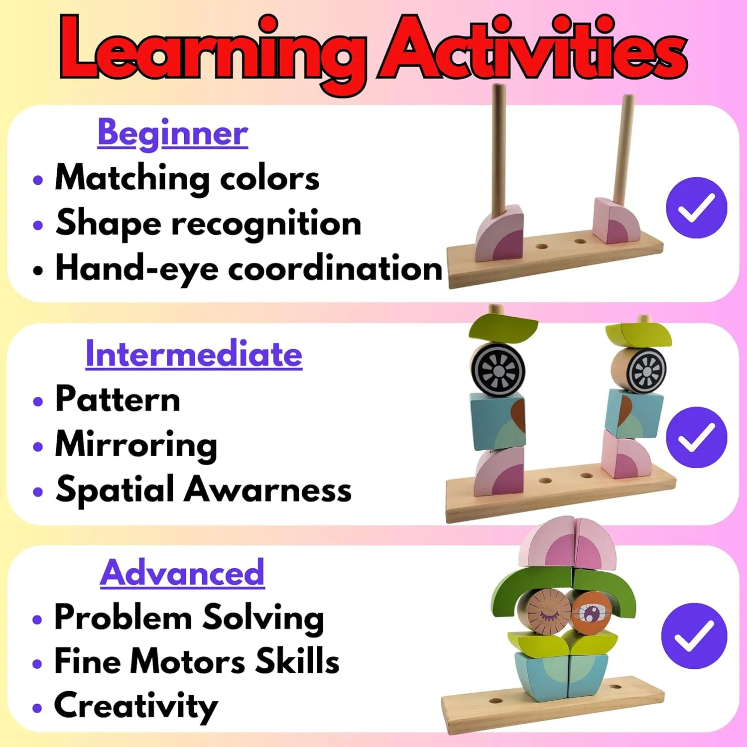 Wooden Puzzle for Kids Montessori Building Blocks - Learning Educational Preschool Toys, 3D Animal Stacking Puzzles for Toddlers 3,4, 5, 6 Year Old Boys & Girls (Owl Light)