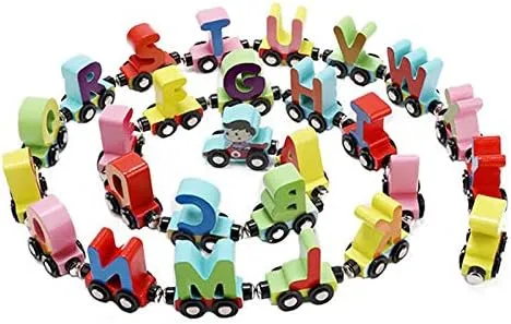 Wooden Trackless Letter Trains Set, Alphabets Numbers Train Cars for Children Early Educational