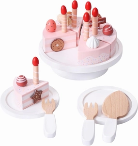 Wooden Birthday Cake Toys, DIY Pretend Play Food for Kids, Tea Party Fake Cake with Candles Plates Fork and Knife for Toddlers Ages 3 4 5 6 7 Years Old Boys Girls Gifts