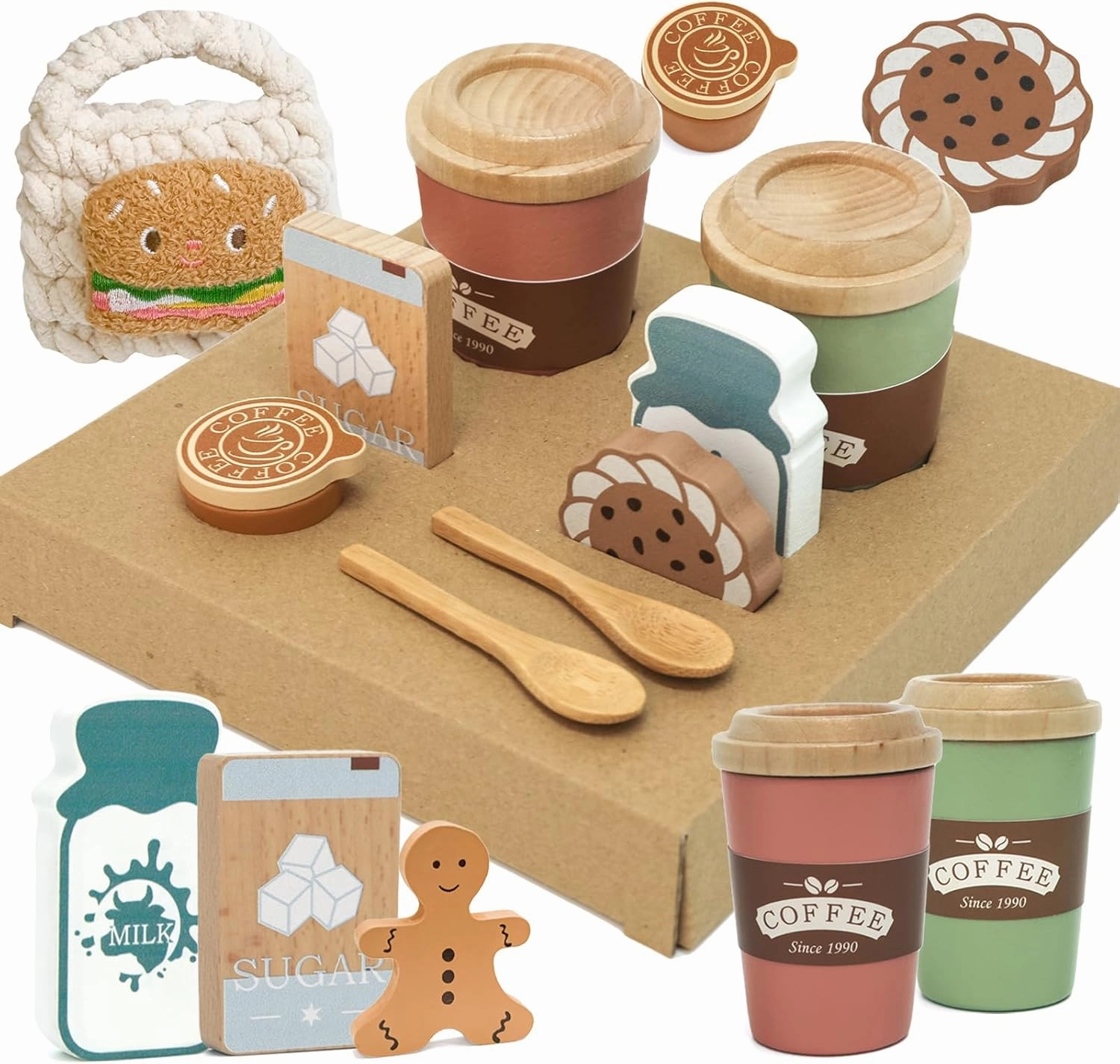 Wooden Coffee Cup Toy,Pretend Play Toddler Coffee Playset,Play Kitchen Accessories for Toddlers with Cute Knitted Bag, Kids Fake Food Educational Toys Gift for Boys Girls