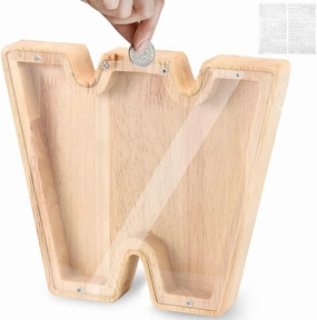 Wooden Personalized Piggy Bank, Large Piggy Banks for Kids Boys Girls Adults, 9.1in 26 Alphabet Letter Coin Bank, Transparent Money Saving Box DIY Creative Gift Birthday Home Decoration (W)