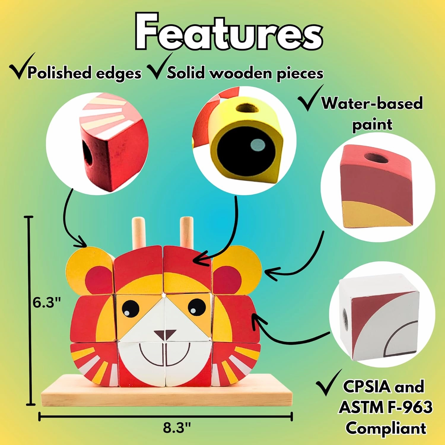 Wooden Puzzles for Kids Montessori Building Blocks - Learning Educational Preschool Toys, 3D Animal Stacking Puzzles for Toddlers 3,4, 5, 6 Year Old Boys & Girls (Lion Red)