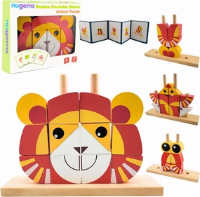 Wooden Puzzles for Kids Montessori Building Blocks - Learning Educational Preschool Toys, 3D Animal Stacking Puzzles for Toddlers 3,4, 5, 6 Year Old Boys & Girls (Lion Red)