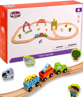 Wooden Train Tracks Set Toys for Boys and Girls 3 Years Old & Up 41 PCS Train Set Toy for Kids - 3 Magnetic Trains, 21 Wood Tracks, 1 Bridge, With Animals - Best Gift For Toddlers