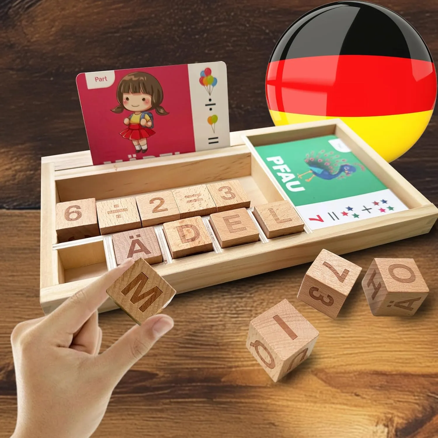 Word Spelling Games for Kids - Math German Word Games with Flash Cards Wooden Dice Puzzle Tray, Montessori ABC Learning Travel Toys for Toddlers, Kindergarten Board Activity (German)