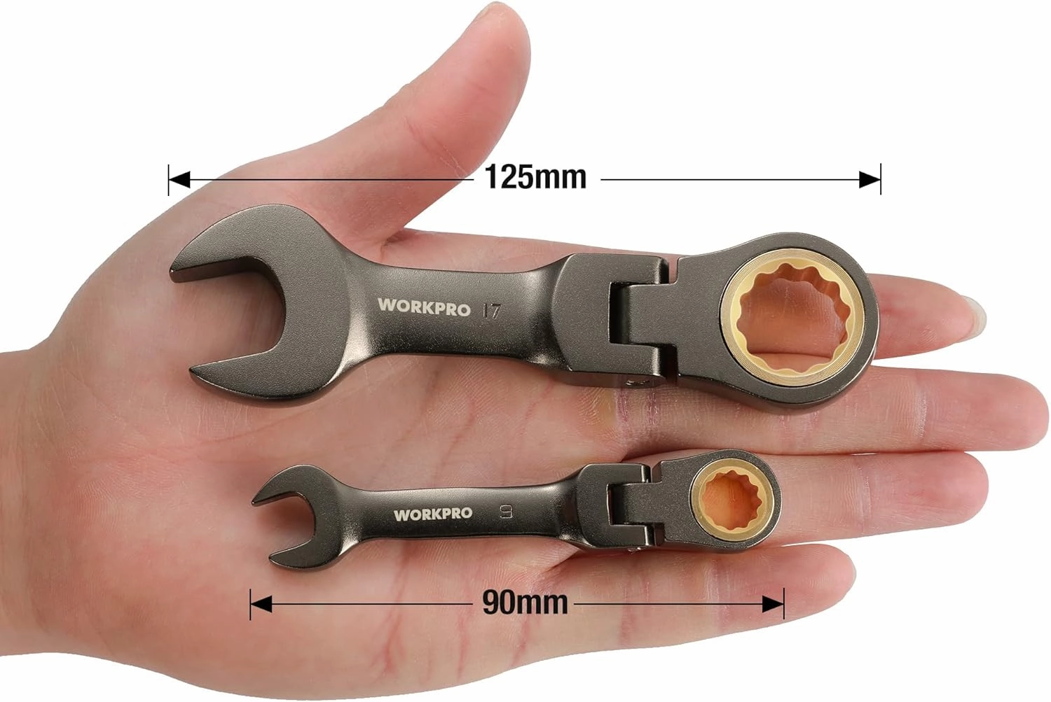 WORKPRO 8 Piece Flex Head Stubby Ratcheting Combination Wrench Set, Metric 9-17 mm, 72-Teeth, CRV, Nickel Plating with Rolling Pouch