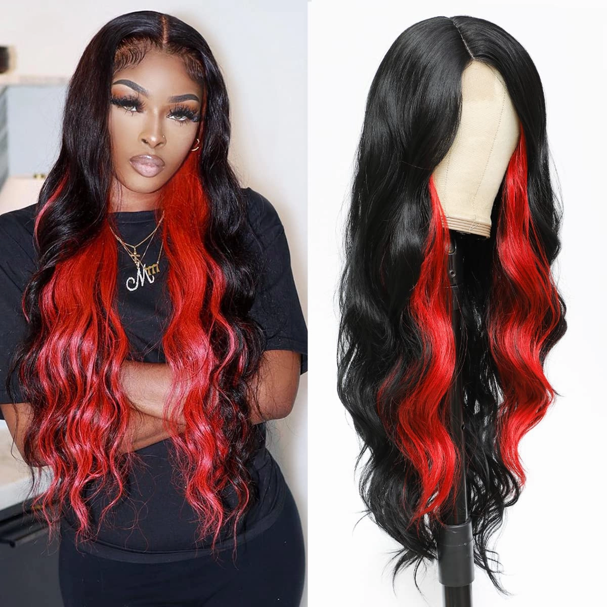 xccoco Long Wavy Wigs for Women Black Highlighted Wig Body Wave Synthetic Lace Wig 30inch Black Wig with Red Highlights Wig