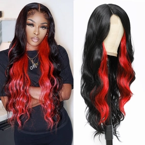 xccoco Long Wavy Wigs for Women Black Highlighted Wig Body Wave Synthetic Lace Wig 30inch Black Wig with Red Highlights Wig