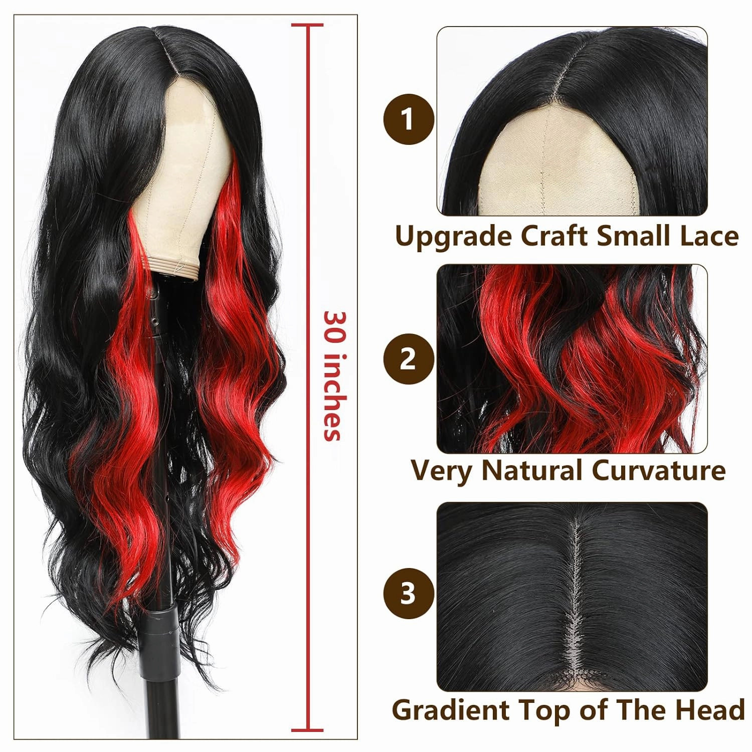 xccoco Long Wavy Wigs for Women Black Highlighted Wig Body Wave Synthetic Lace Wig 30inch Black Wig with Red Highlights Wig