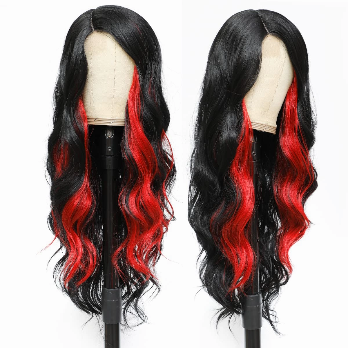 xccoco Long Wavy Wigs for Women Black Highlighted Wig Body Wave Synthetic Lace Wig 30inch Black Wig with Red Highlights Wig