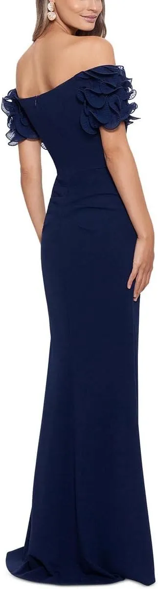 Xscape Long Scuba Crepe Off-The-Shoulder Wire Flower