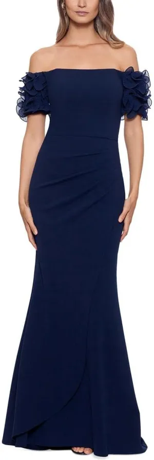 Xscape Long Scuba Crepe Off-The-Shoulder Wire Flower