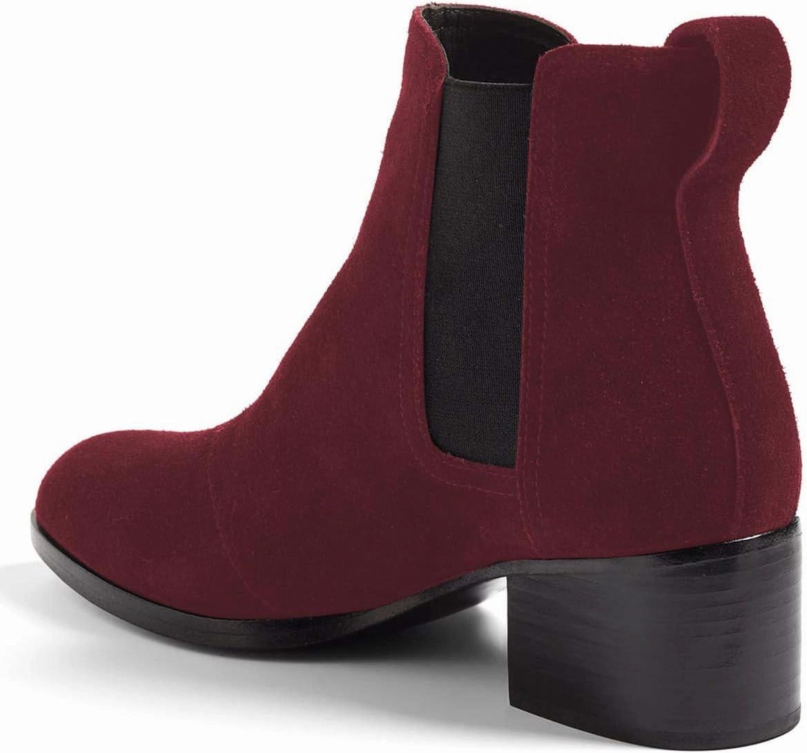 XYD Women Classic Chelsea Ankle Booties Pull On Almond Toe Low Chunky Heel Boots Suede Elastic Western Shoes