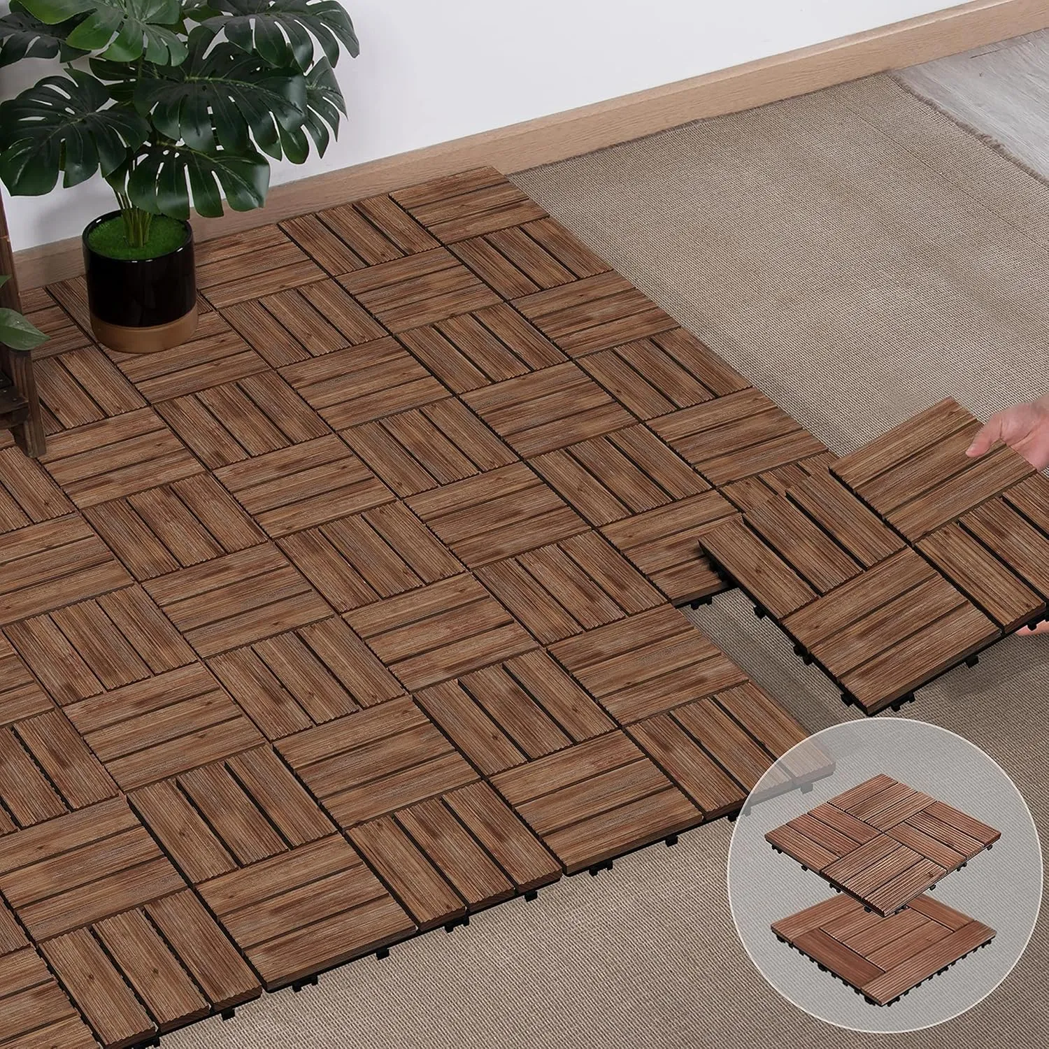 Yaheetech 27PCS Wooden Decking Tiles 12 x 12in Hardwood Interlocking Patio Deck Tiles Composite Balcony Floor Covering for Platform Patio Garden Pathway 1 sq. ft, Brown